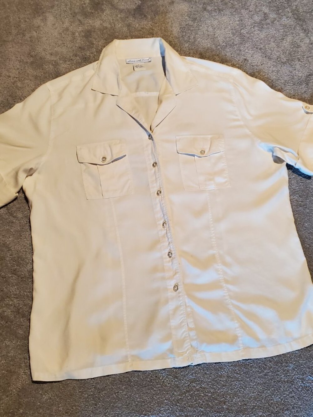 Vintage Anna & Frank 100% Silk Lg Ivory Safari Utility Button Front Blouse - Picture 2 of 10